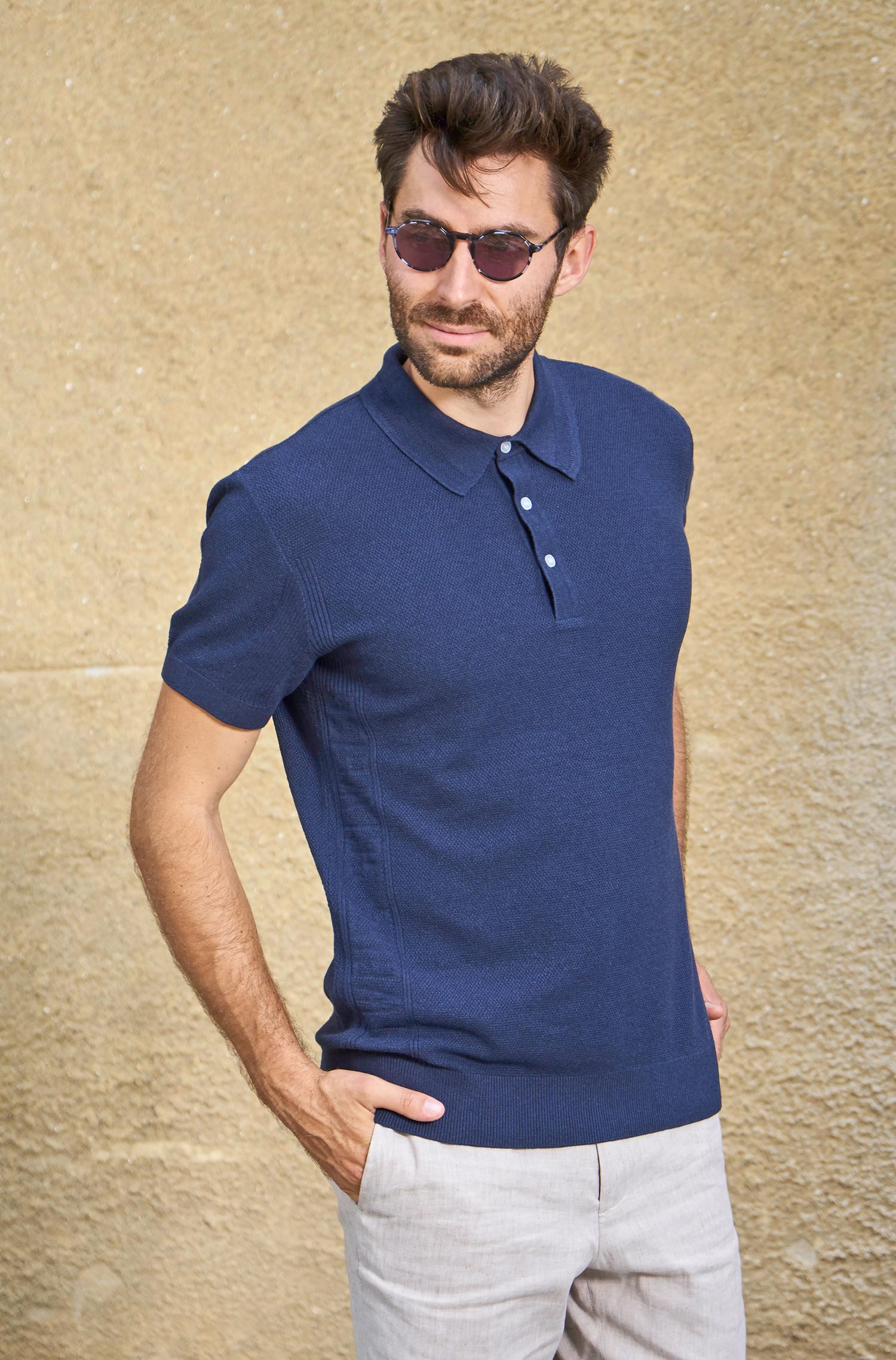 Polo Shirt SIMRON aus Royal Alpaka-Baumwoll-Mix-dunkelblau meliert