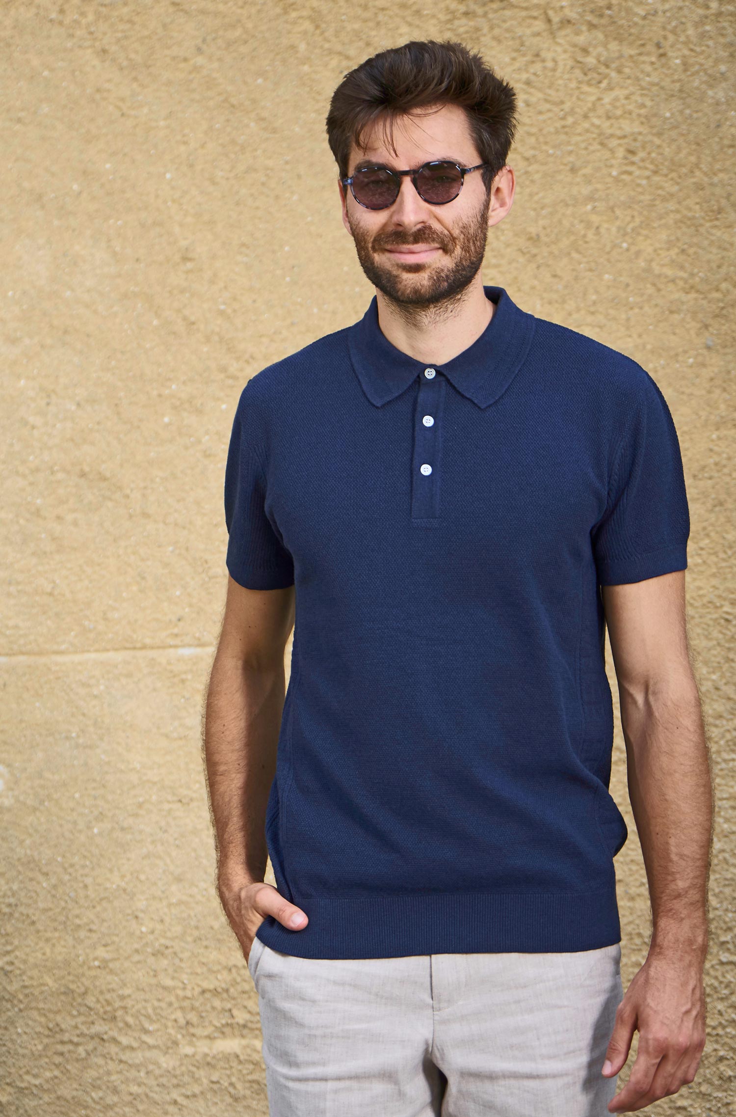 Polo Shirt SIMRON aus Royal Alpaka-Baumwoll-Mix-dunkelblau meliert