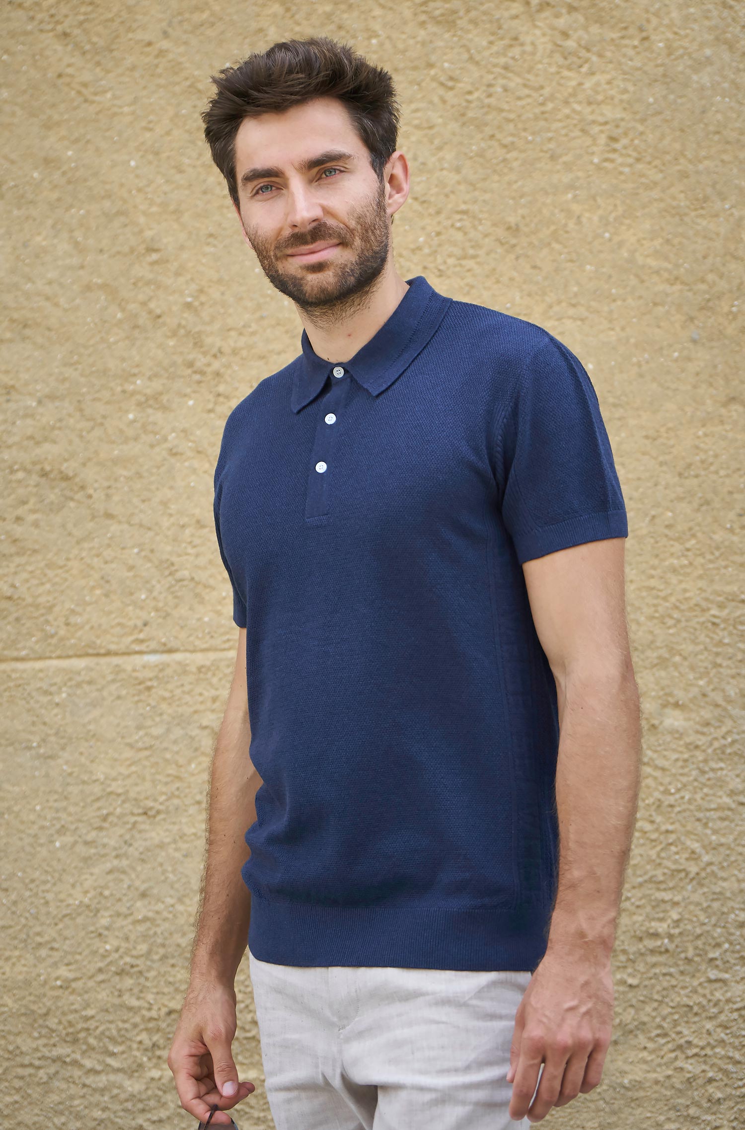 Polo Shirt SIMRON aus Royal Alpaka-Baumwoll-Mix-dunkelblau meliert