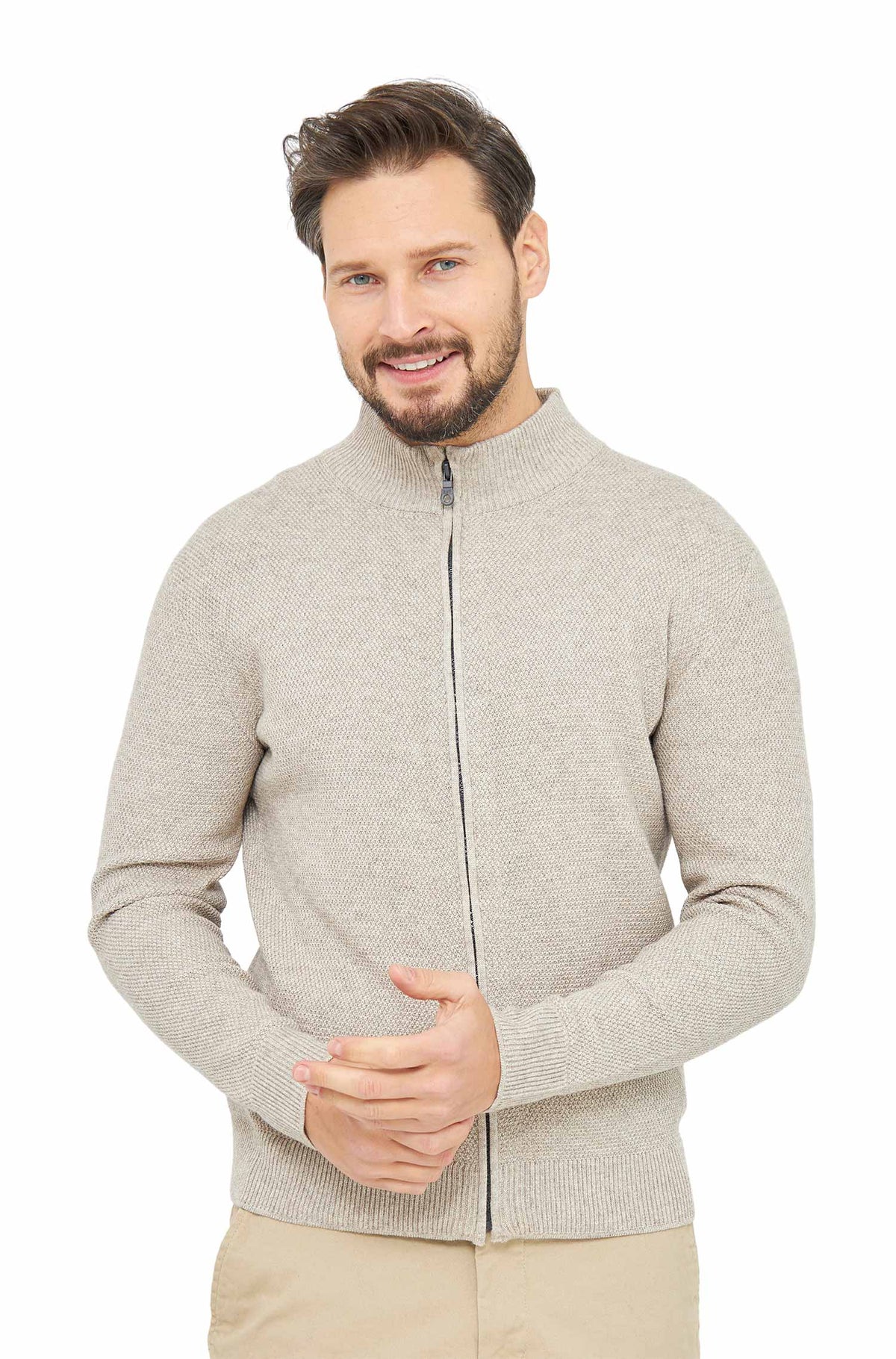 Strickjacke ALAYO mit Zipper aus Baby-Alpaka-Baumwoll-Mix-beige