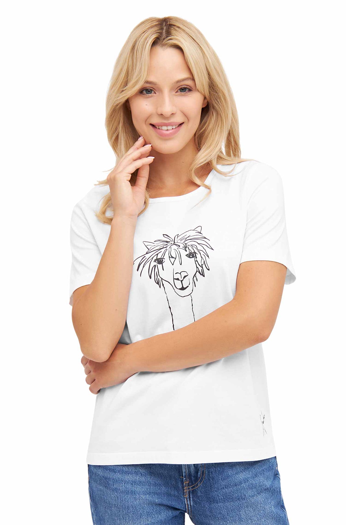 Damen T-Shirt RASSI mit Alpaka-Motiv aus 100% Bio-Pima-Baumwolle-weiss