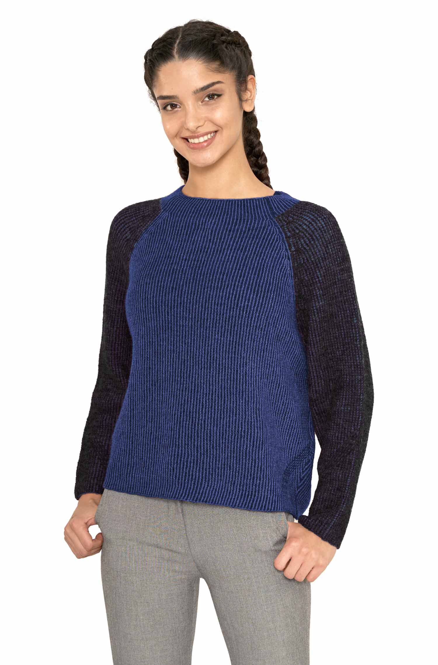 Alpaka Pullover MARINO aus Baby Alpaka, Pima Baumwolle & Merino-blau/schwarz