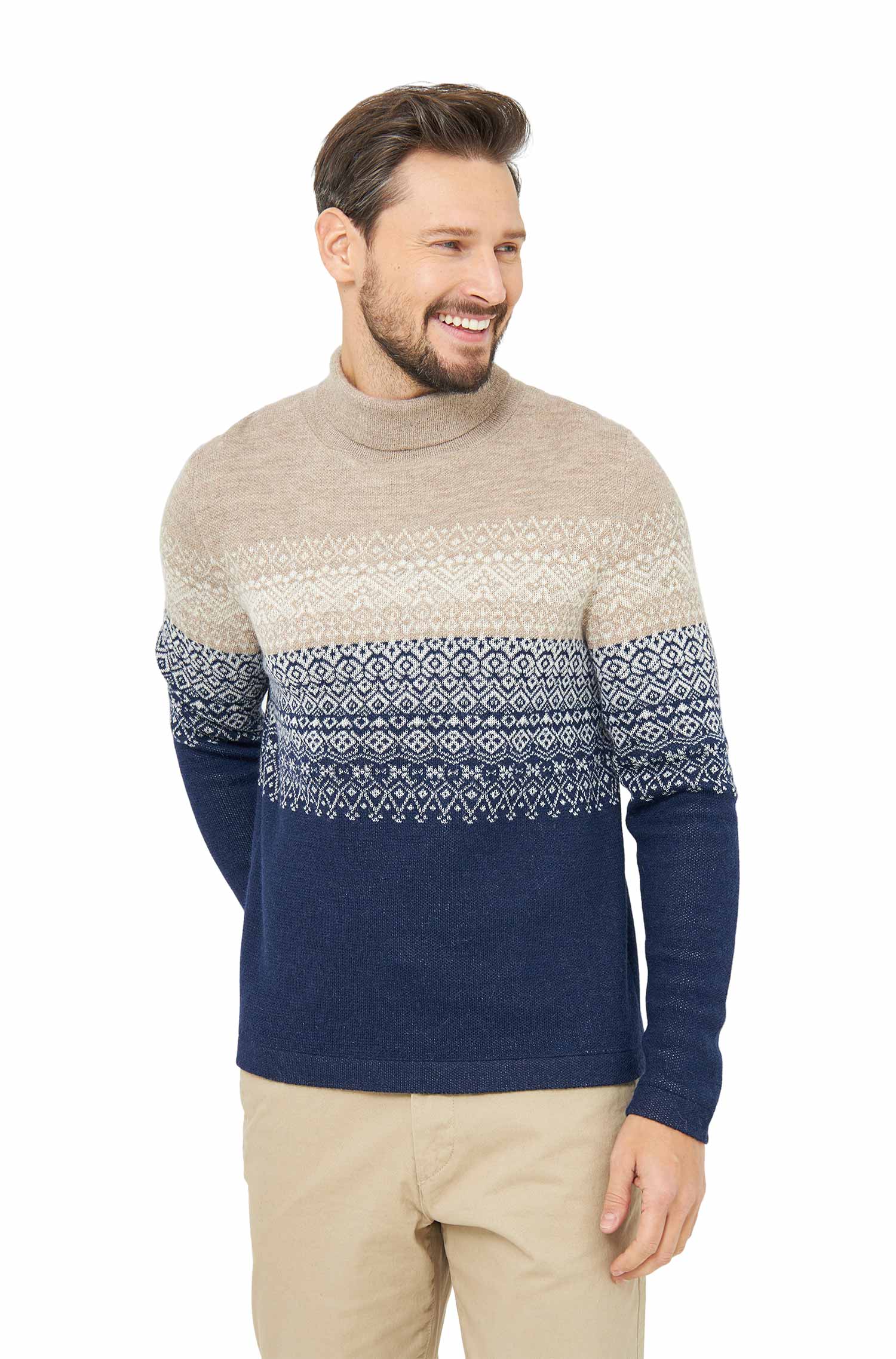 Alpaka Rollkragen Pullover CARLOS aus 100% Baby Alpaka-blau/sand
