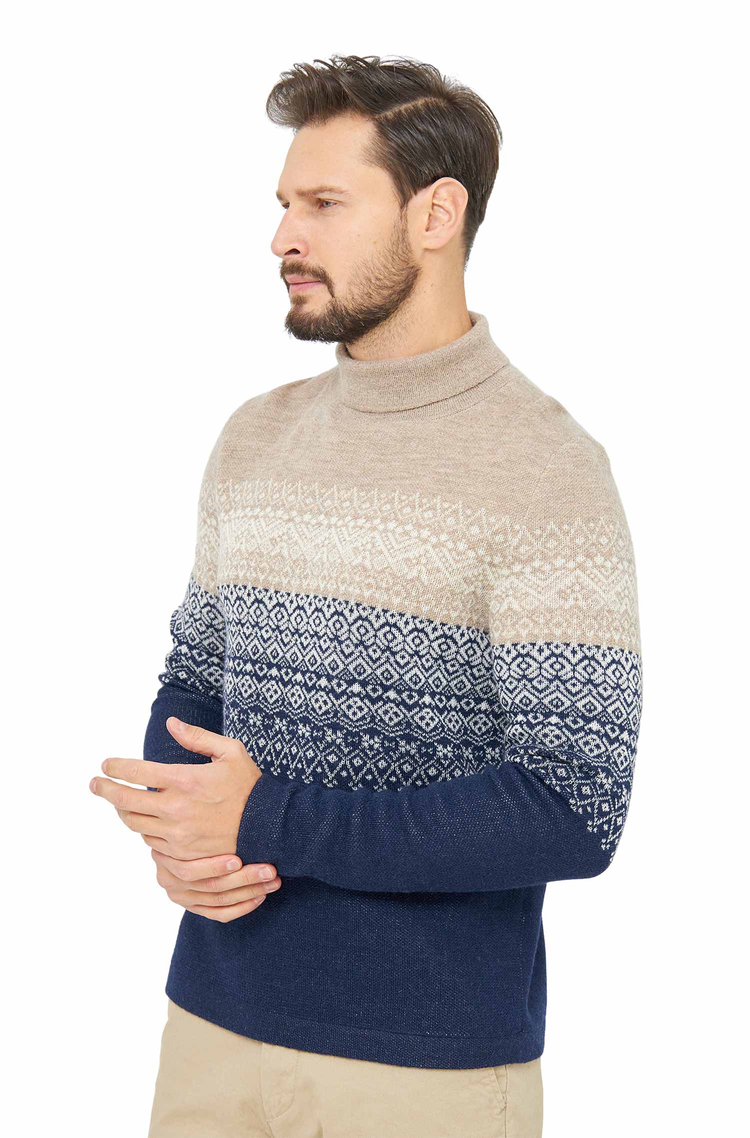 Alpaka Rollkragen Pullover CARLOS aus 100% Baby Alpaka-blau/sand