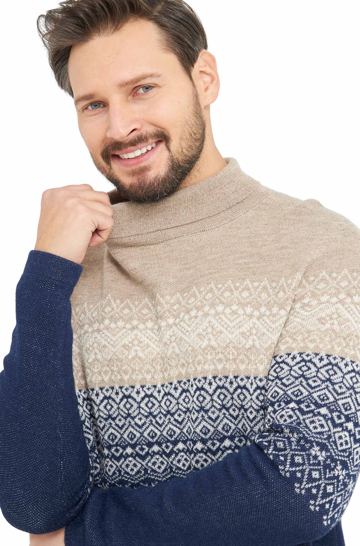 Alpaka Rollkragen Pullover CARLOS aus 100% Baby Alpaka-blau/sand
