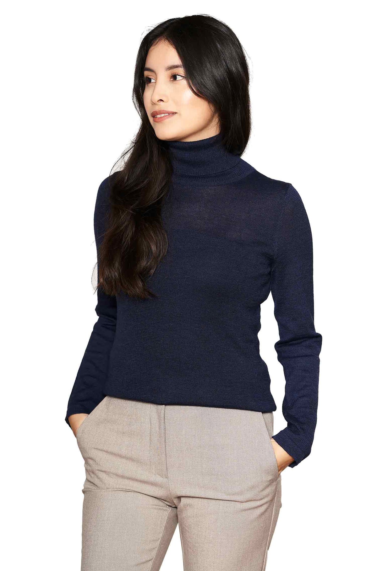 Alpaka Rollkragen Pullover MADAI aus Baby Alpaka und Seide-dunkelblau