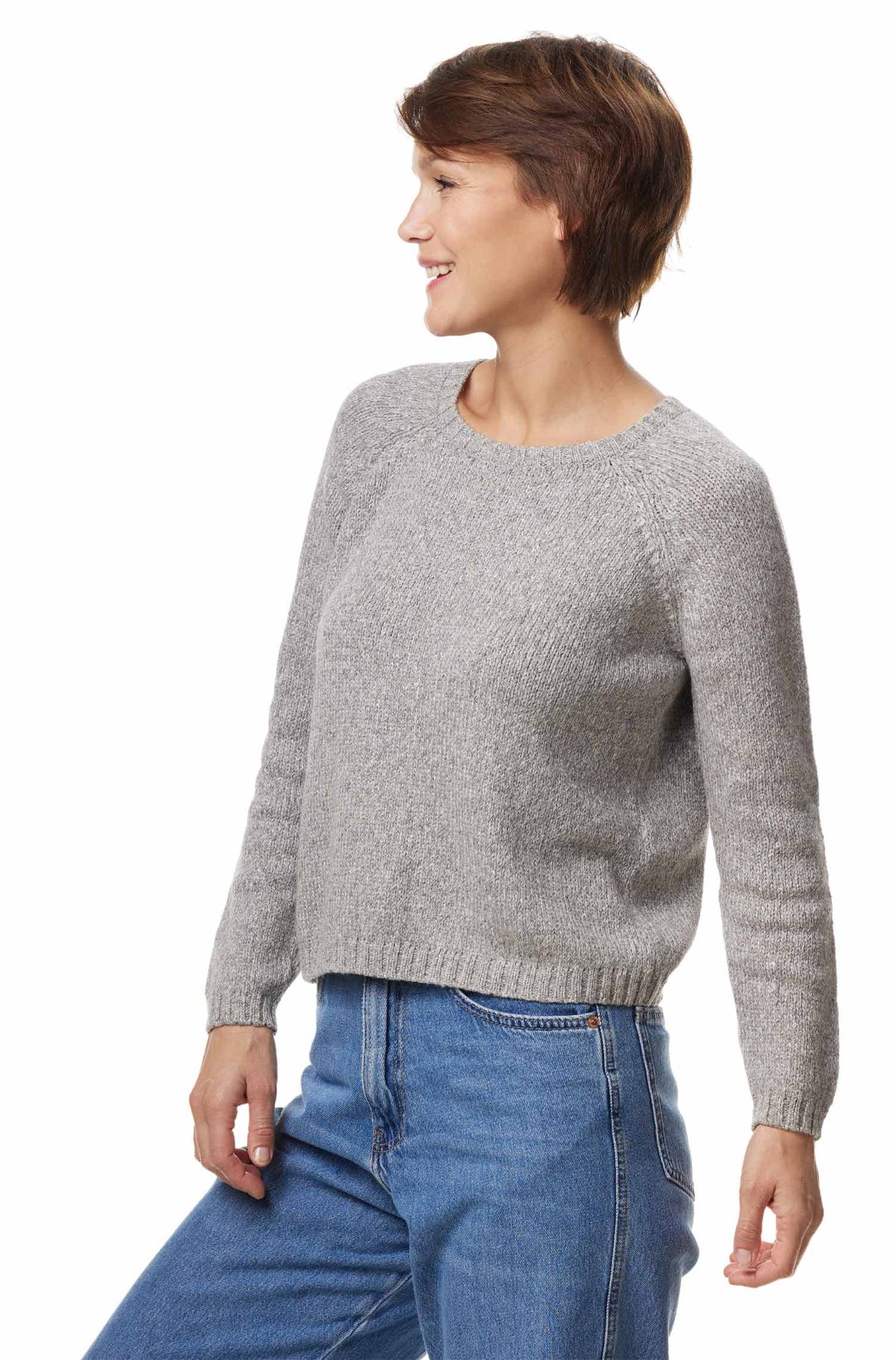 Alpaka Rundhals Pullover ELLA aus Baby Alpaka und Pima Baumwolle-grau meliert