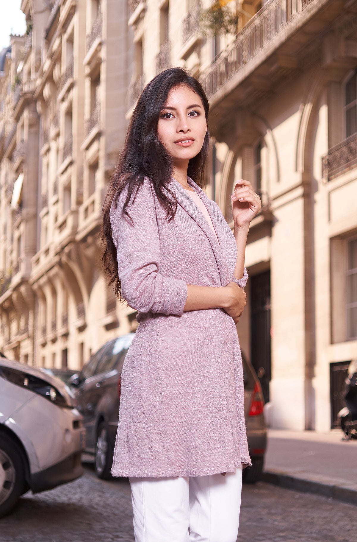 Alpaka Strickjacke PENELOPE LONG aus 100% Baby Alpaka-flieder meliert