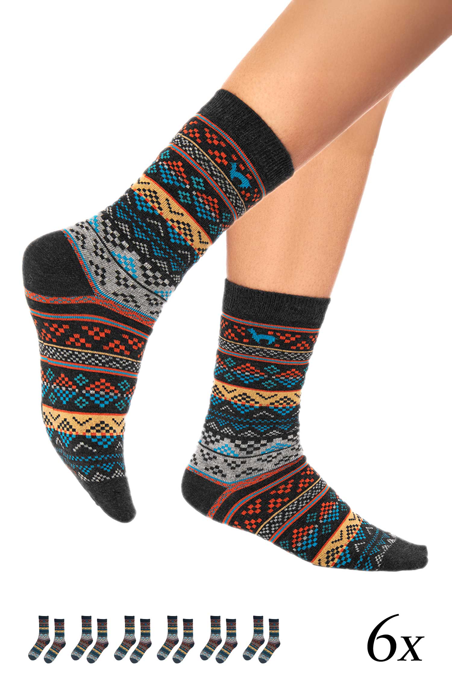 Alpaka Socken INKA 6er Pack aus 70% Baby Alpaka & 25% Pima Baumwolle-blau/apricot