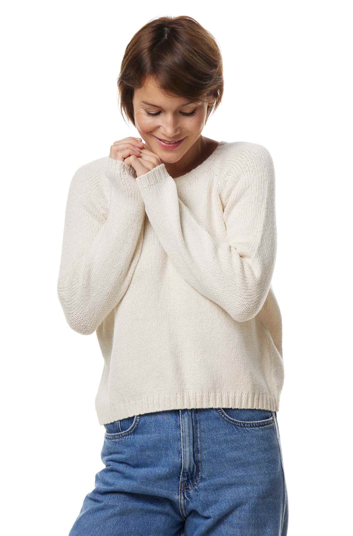 Alpaka Rundhals Pullover ELLA aus Baby Alpaka und Pima Baumwolle-ecru