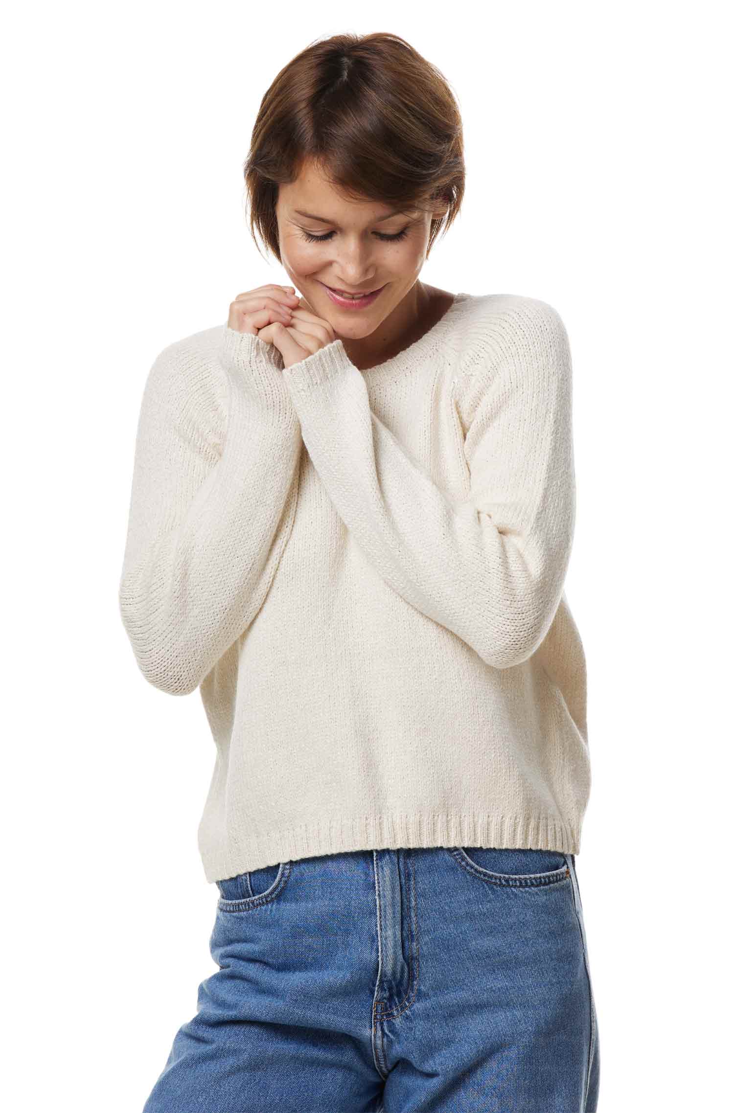 Alpaka Rundhals Pullover ELLA aus Baby Alpaka und Pima Baumwolle-ecru