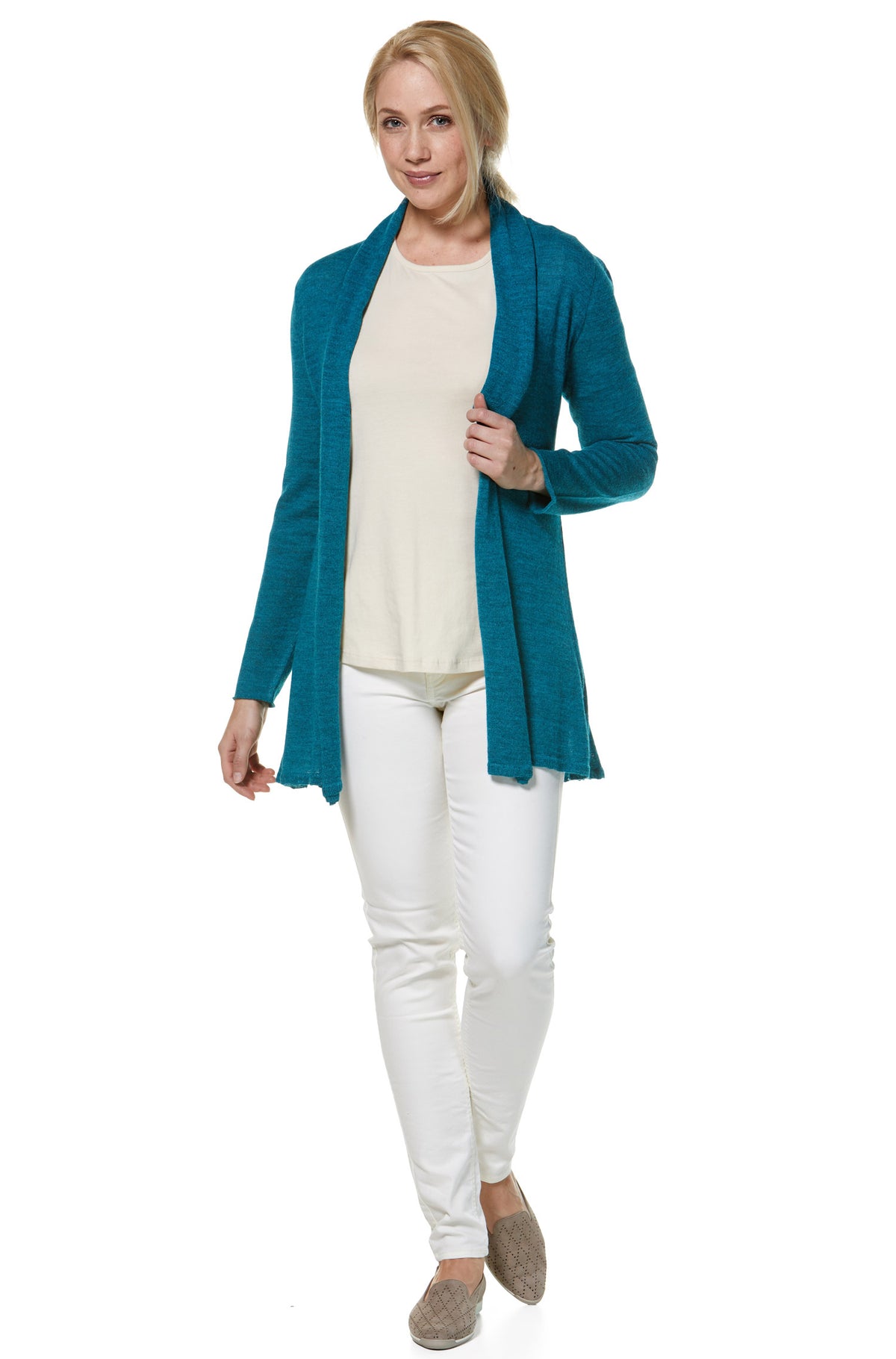 Alpaka Strickjacke PENELOPE LONG aus 100% Baby Alpaka-türkis
