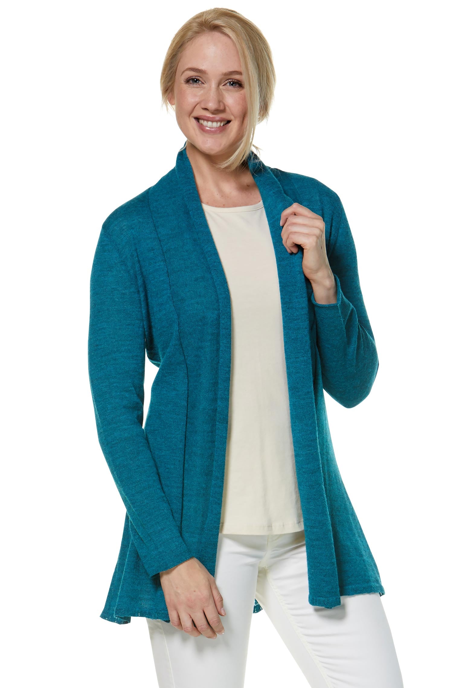 Alpaka Strickjacke PENELOPE LONG aus 100% Baby Alpaka-türkis