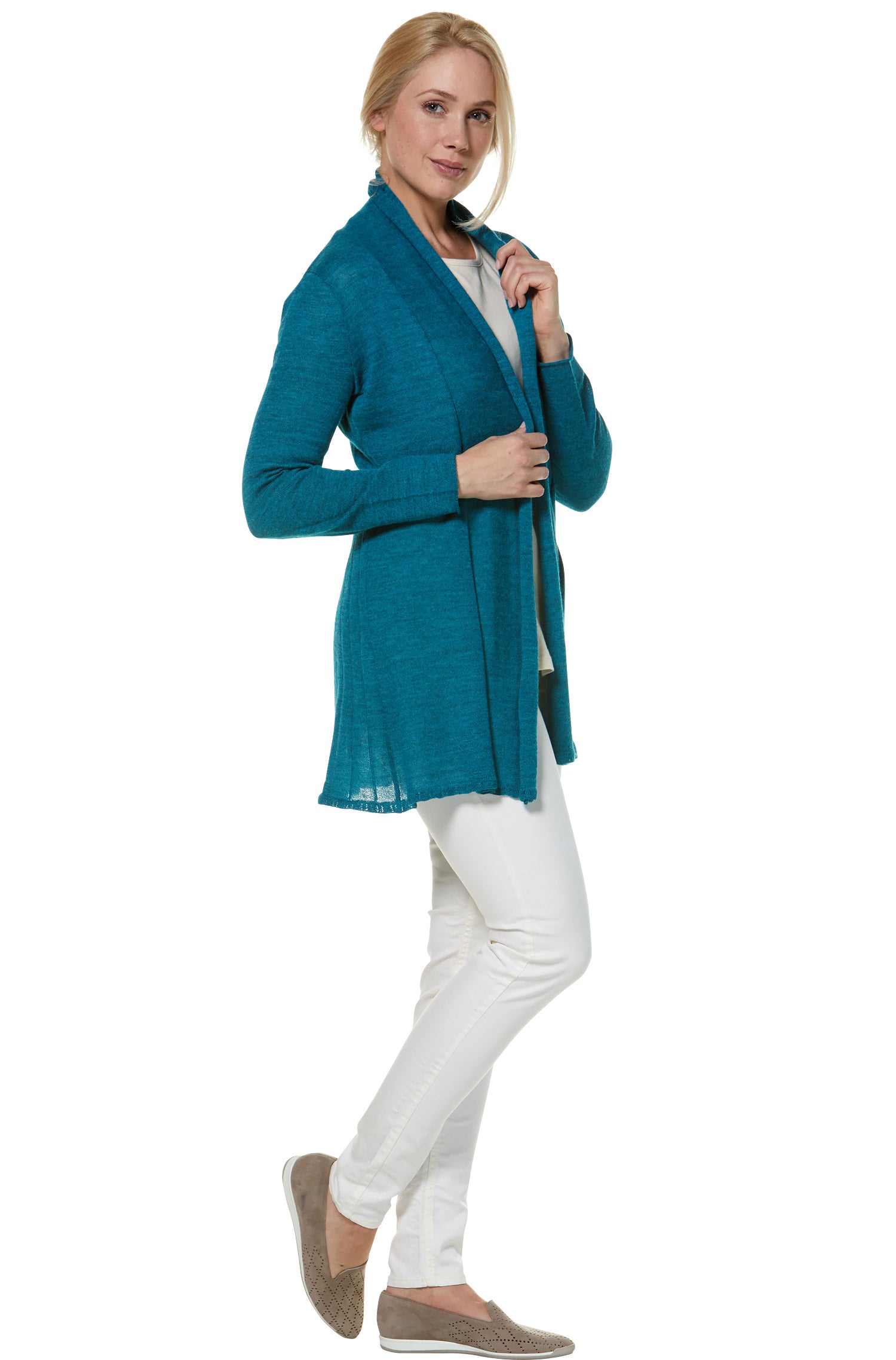 Alpaka Strickjacke PENELOPE LONG aus 100% Baby Alpaka-türkis