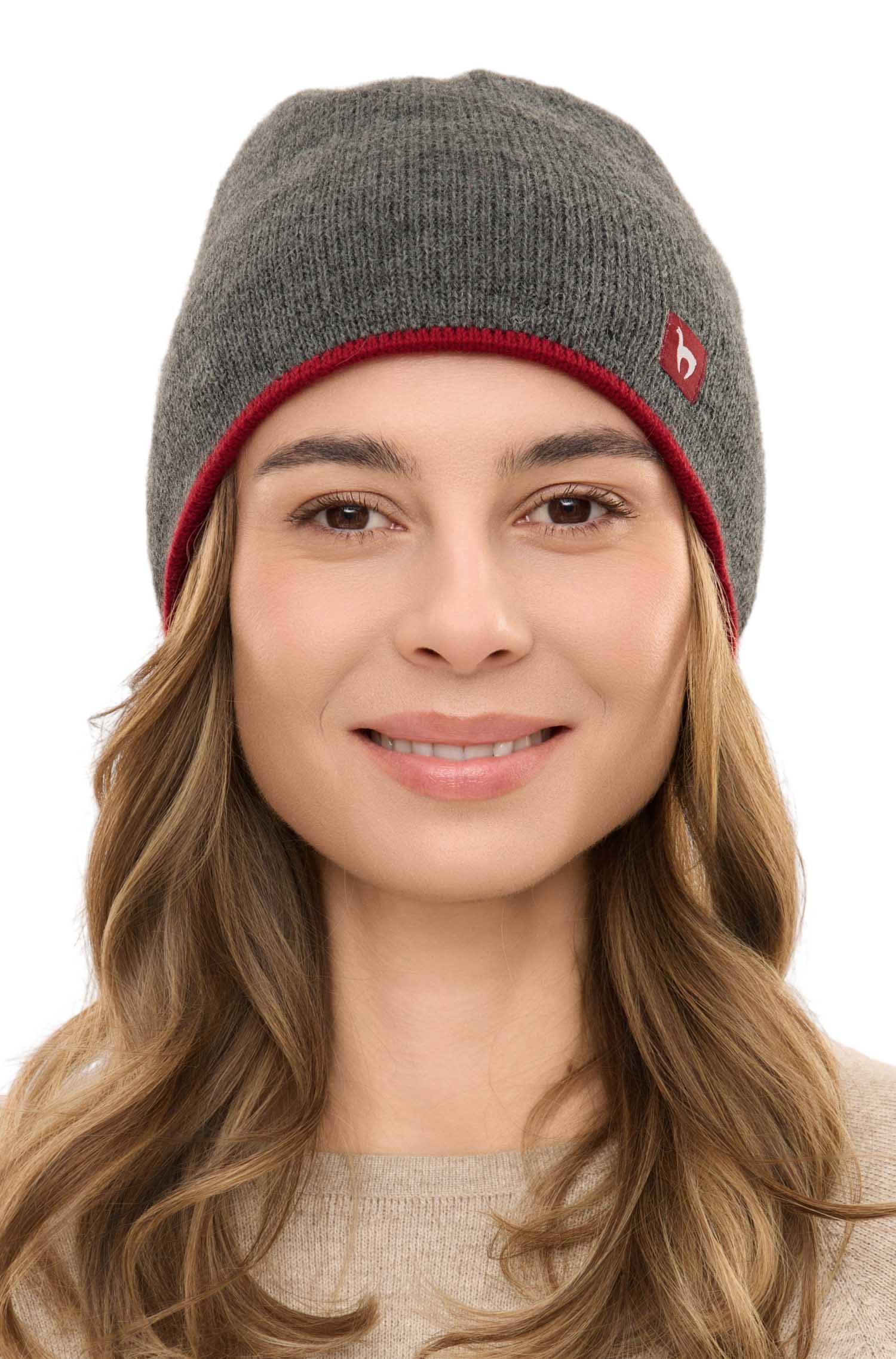 Alpaka WENDEMÜTZE aus 100% Baby Alpaka-rot/grau