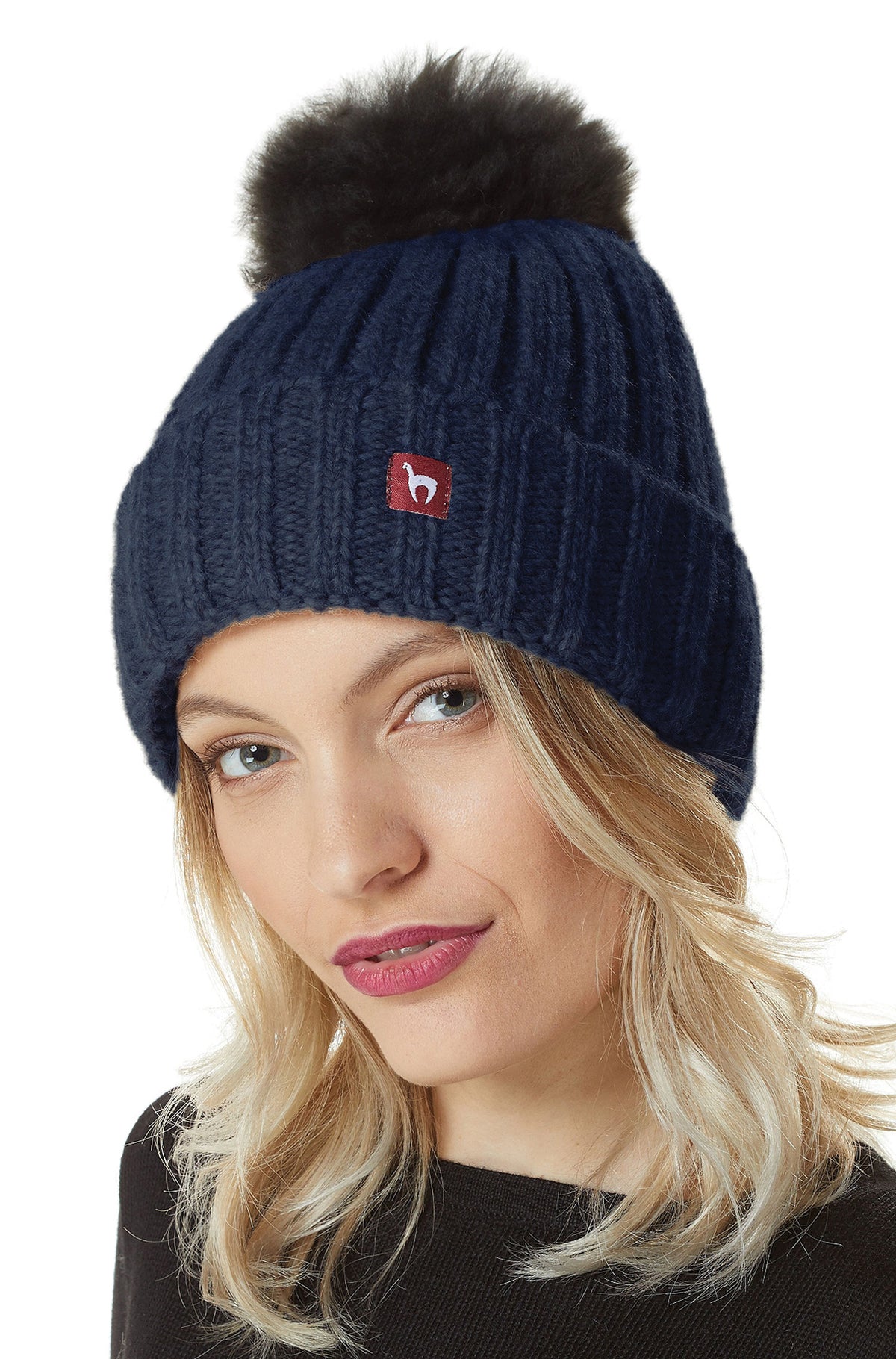 Alpaka Mütze BIANCA, mit Bommel-blau meliert