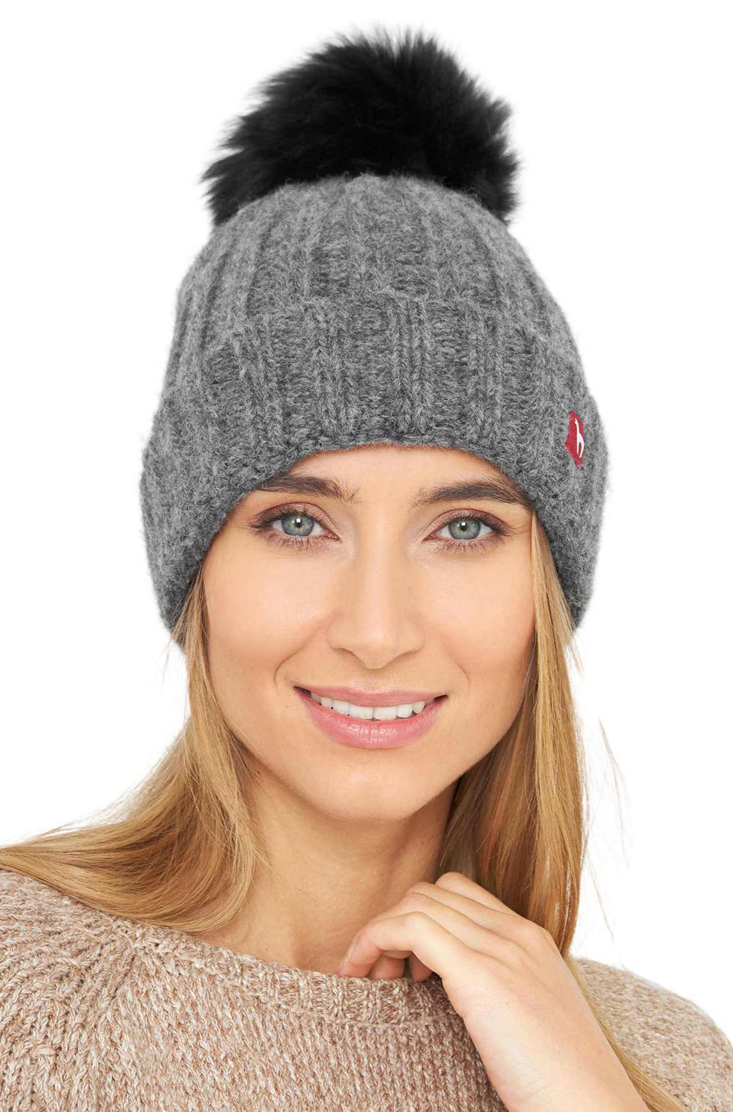 Alpaka Mütze BIANCA mit Bommel aus Baby Alpaka und Woll-Mix-grau