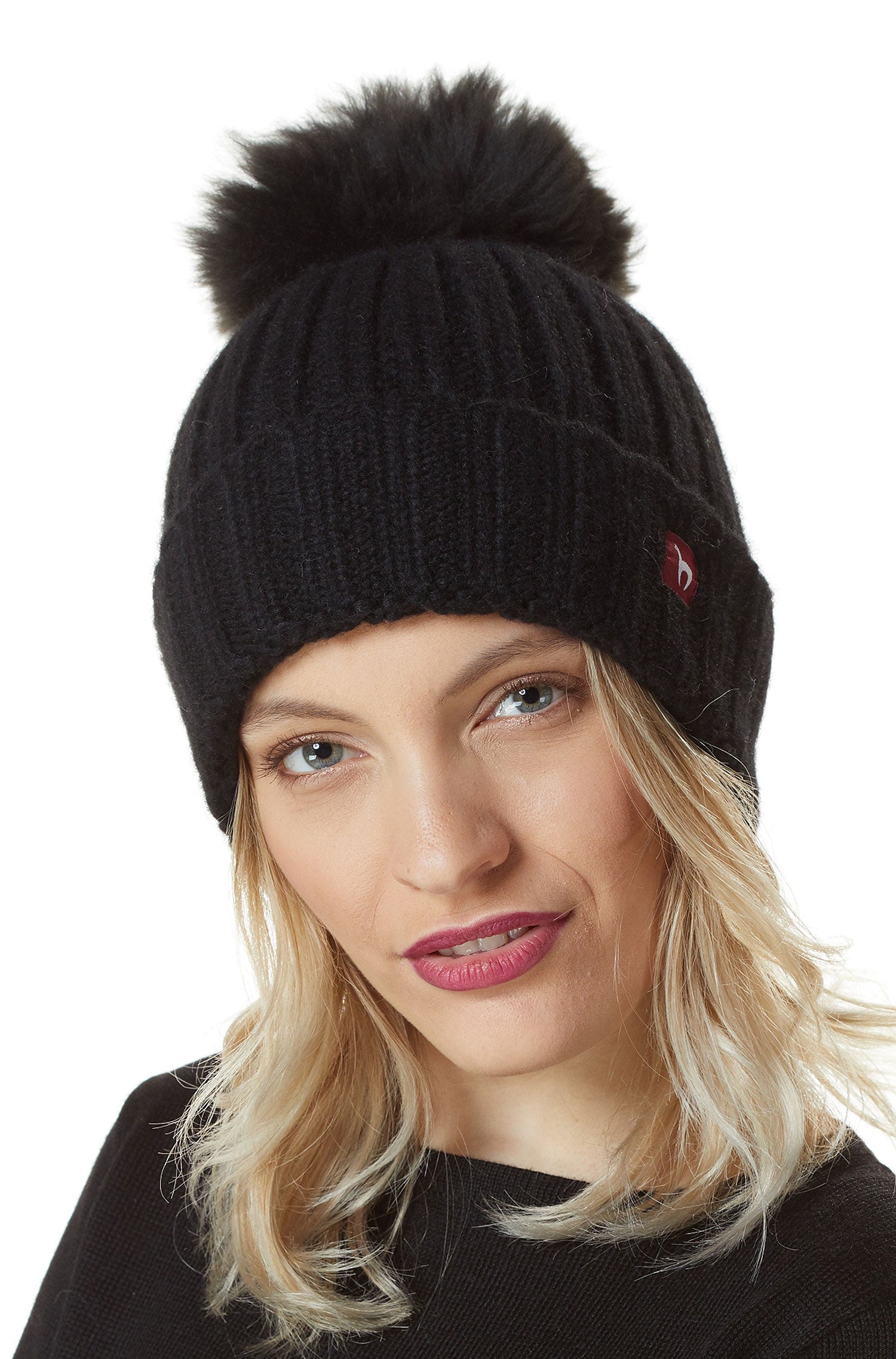 Alpaka Mütze BIANCA mit Bommel aus Baby Alpaka und Woll-Mix-schwarz