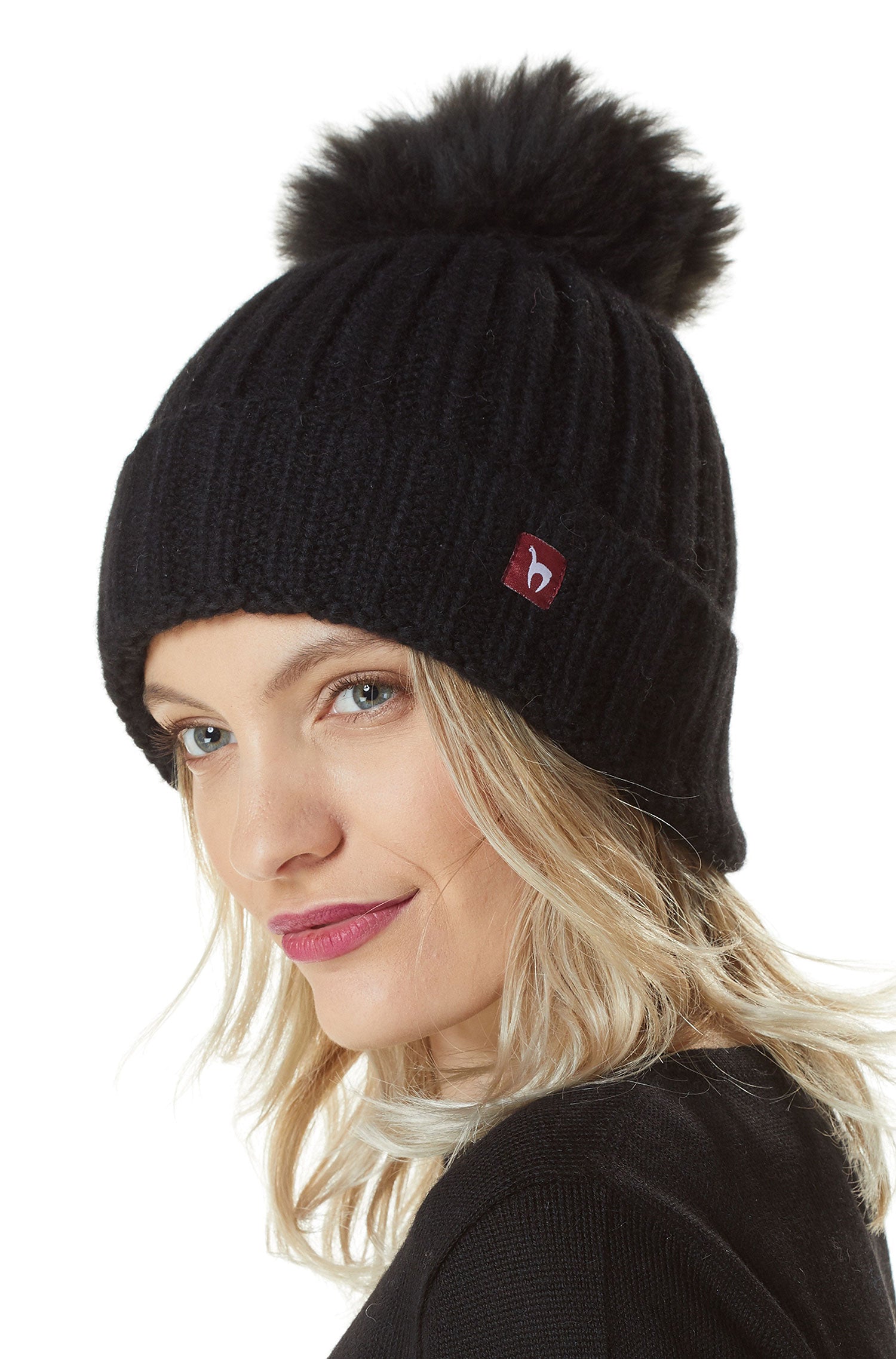 Alpaka Mütze BIANCA mit Bommel aus Baby Alpaka und Woll-Mix-schwarz