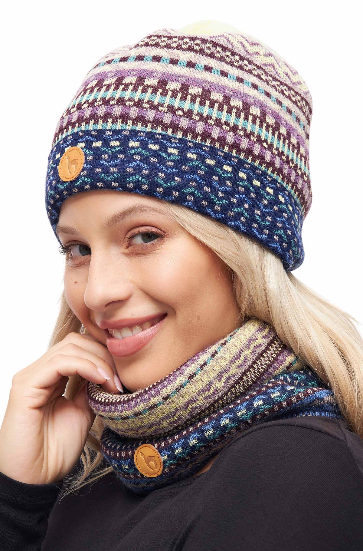 Alpaka Mützen-Stirnband-Schal DILAYA aus 100% Baby Alpaka-sand multi