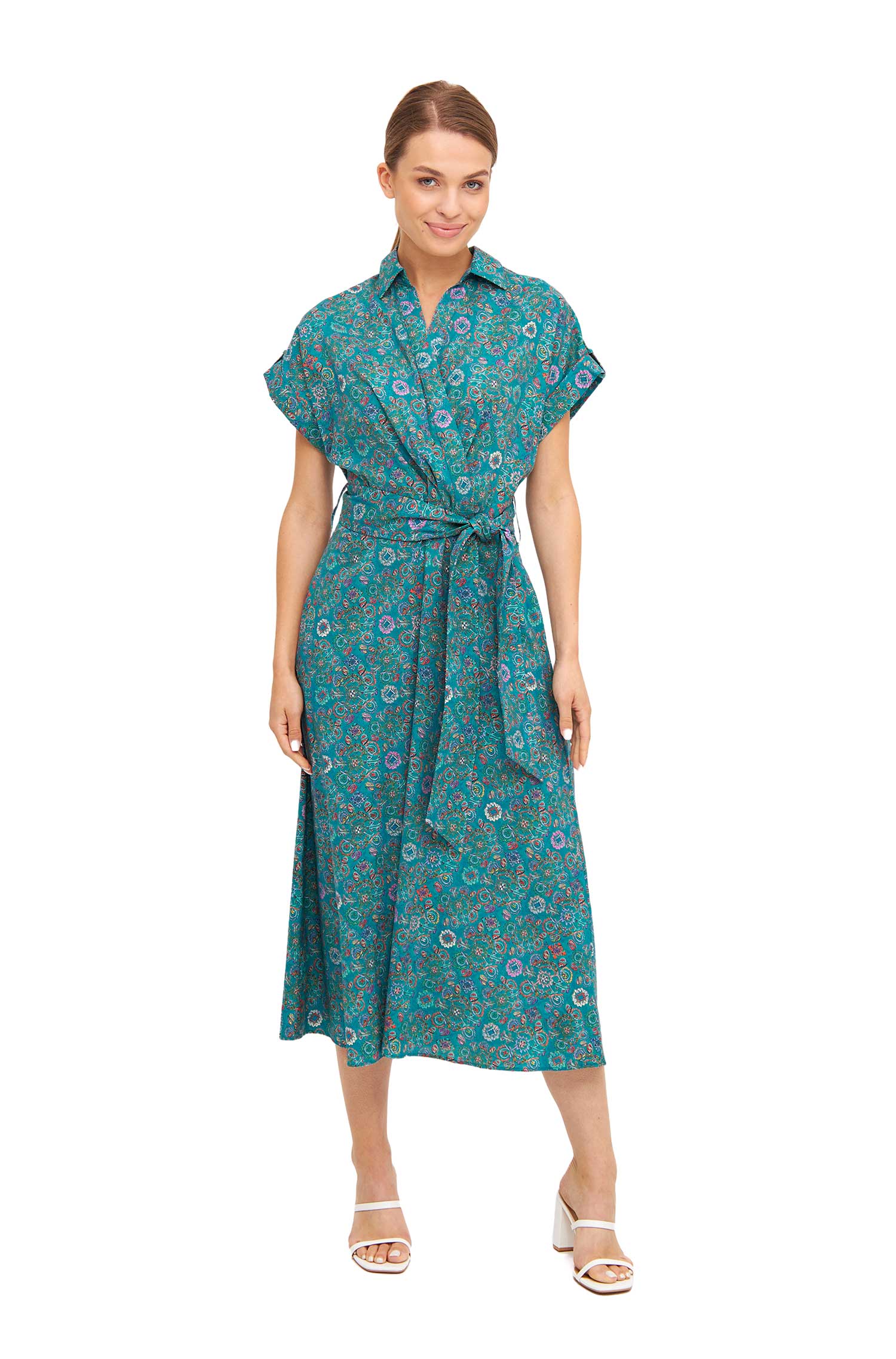 Kleid FLORAL ETHNO in Wickeloptik aus Bio-Pima-Baumwolle-turquoise