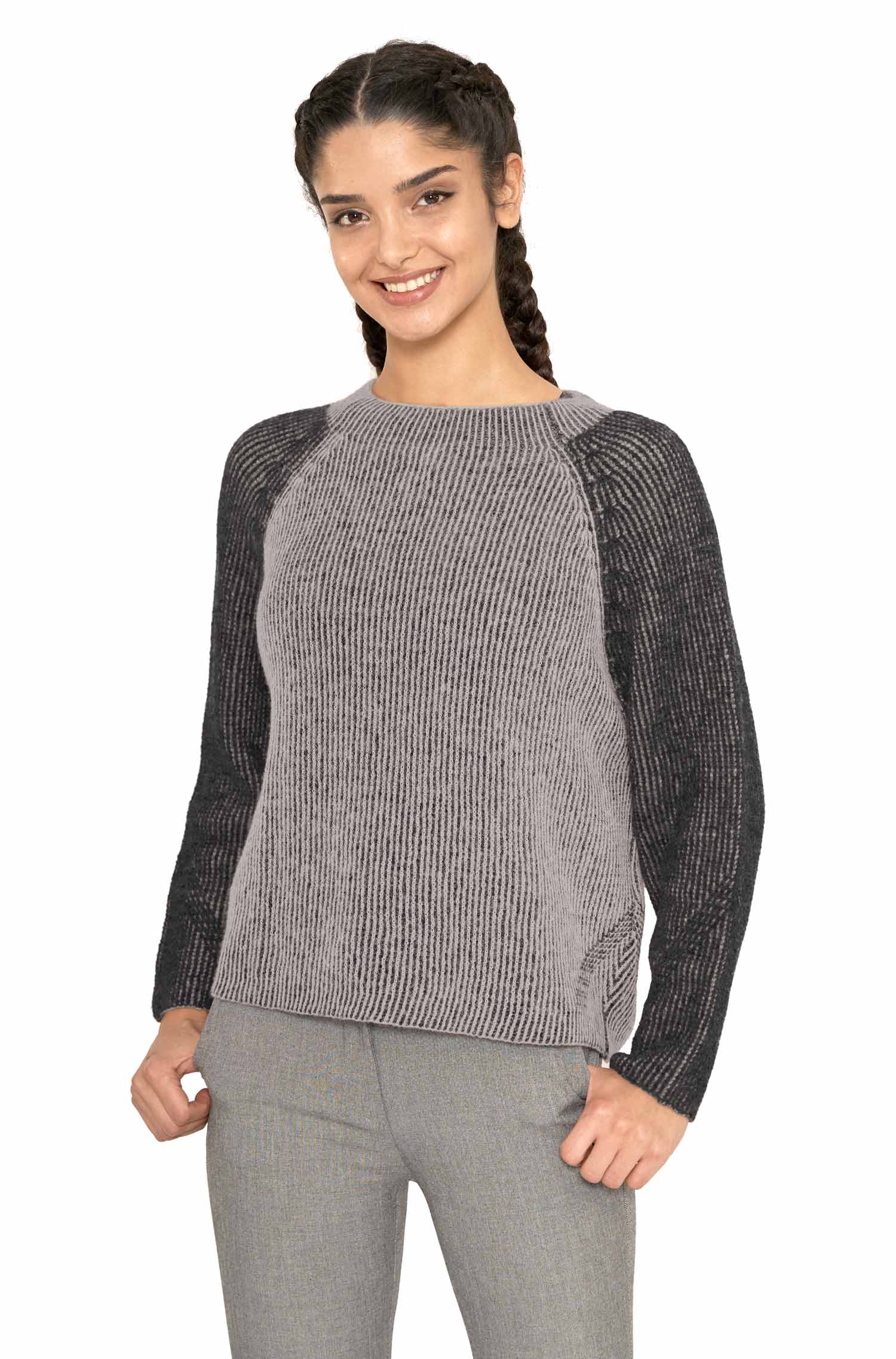 Alpaka Pullover MARINO aus Baby Alpaka, Pima Baumwolle & Merino-silber/schwarz