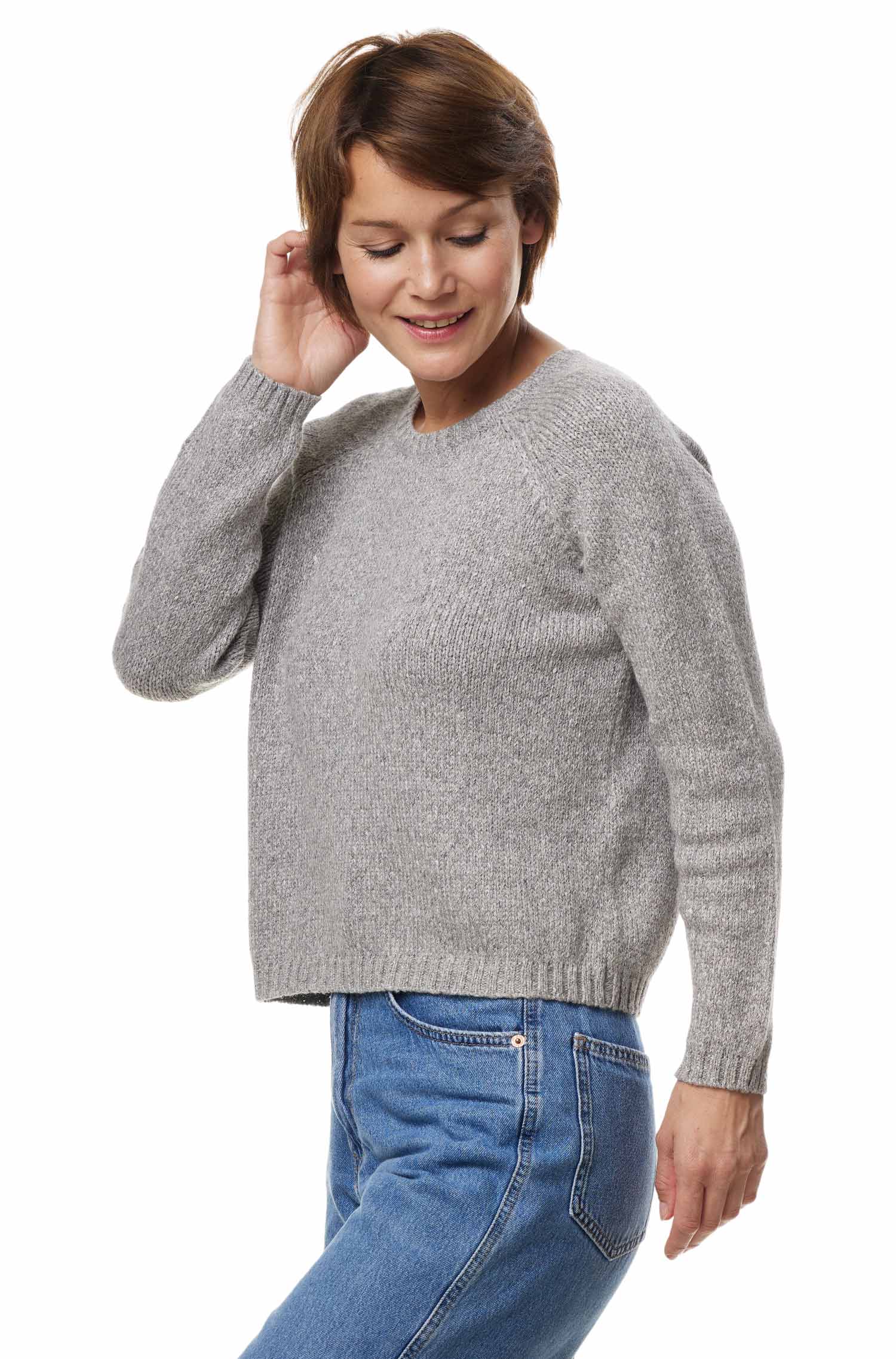 Alpaka Rundhals Pullover ELLA aus Baby Alpaka und Pima Baumwolle-grau meliert