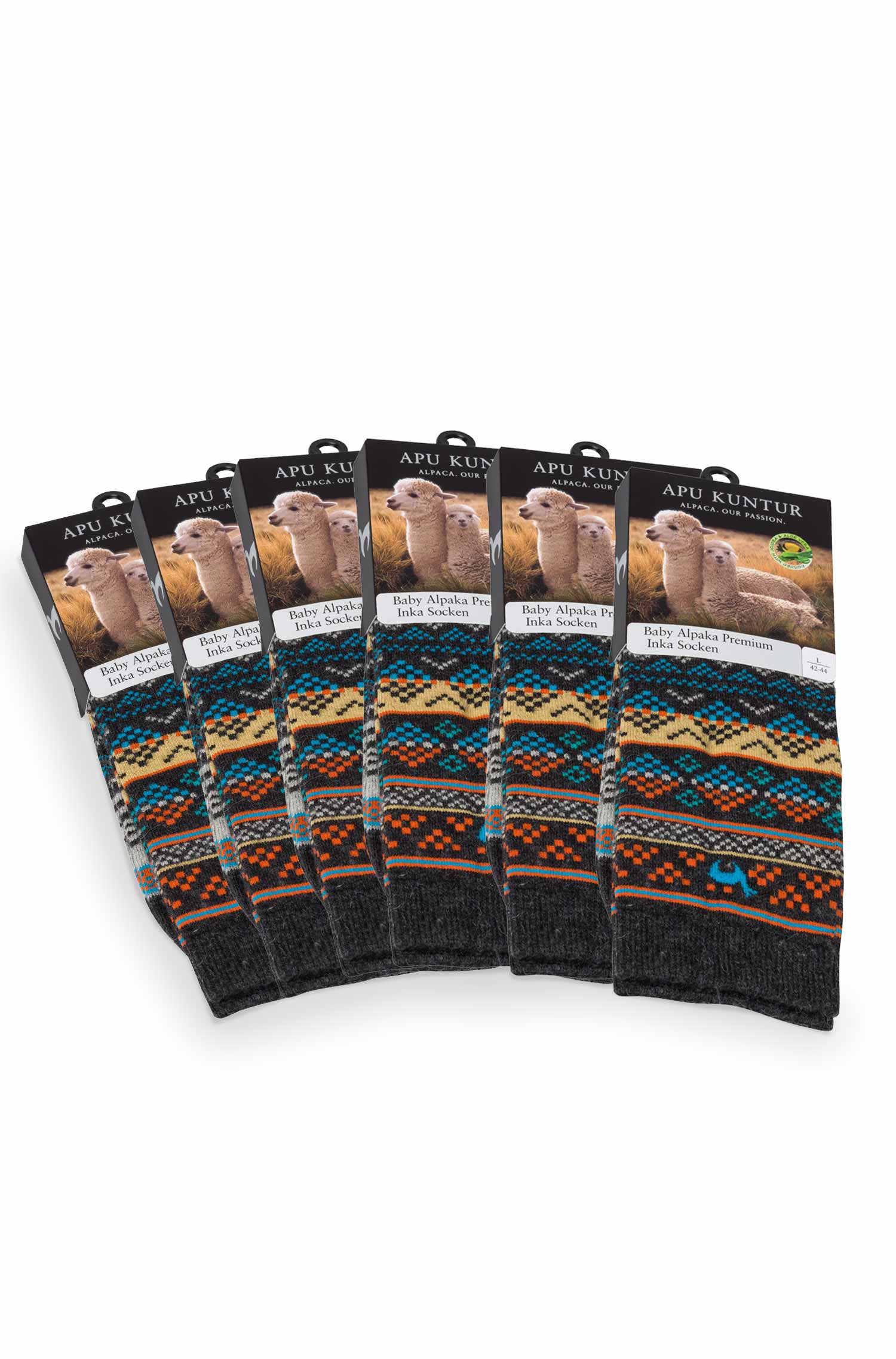 Alpaka Socken INKA 6er Pack aus 70% Baby Alpaka & 25% Pima Baumwolle-blau/apricot