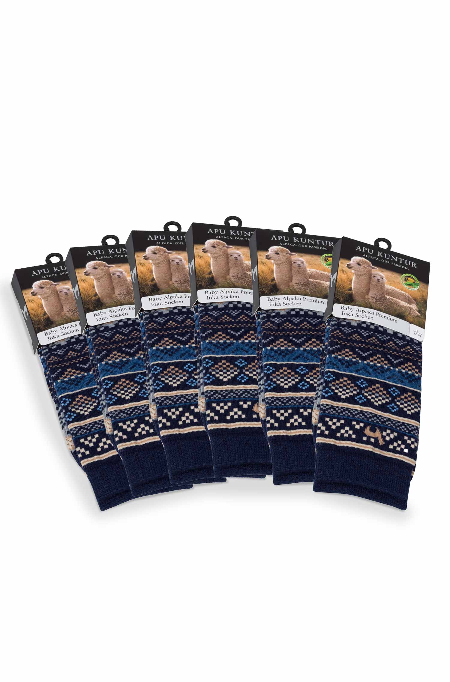 Alpaka Socken INKA 6er Pack aus 70% Baby Alpaka & 25% Pima Baumwolle-blau/sand