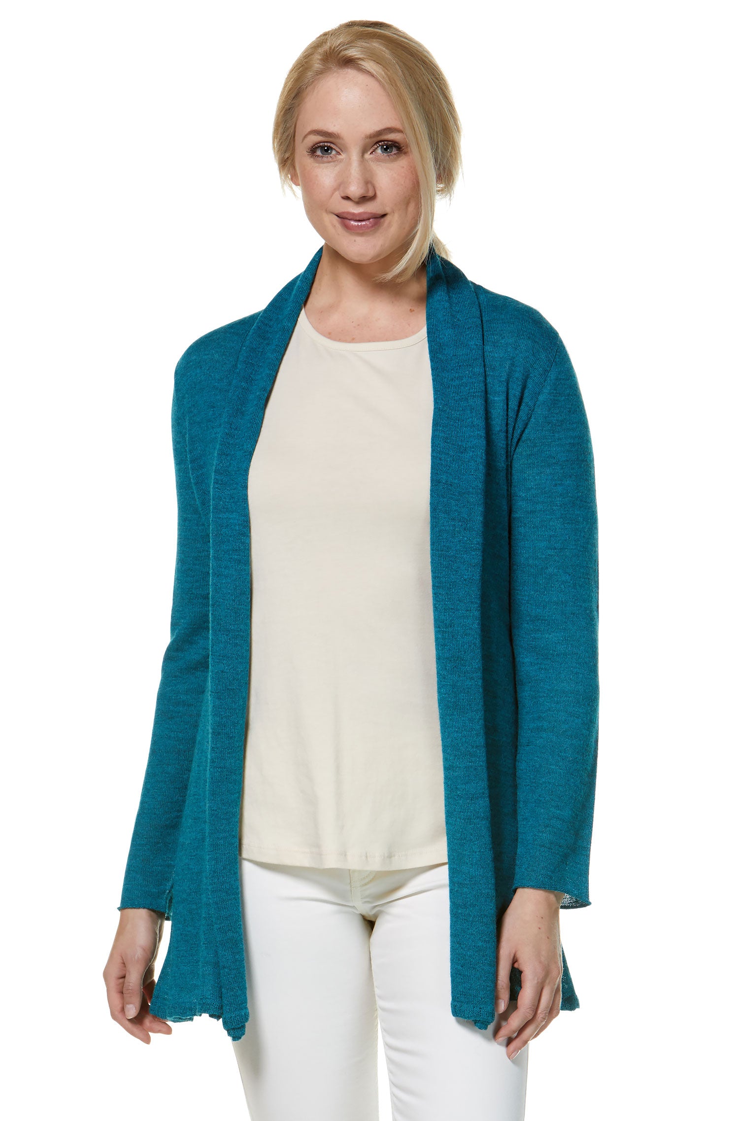 Alpaka Strickjacke PENELOPE LONG aus 100% Baby Alpaka-türkis