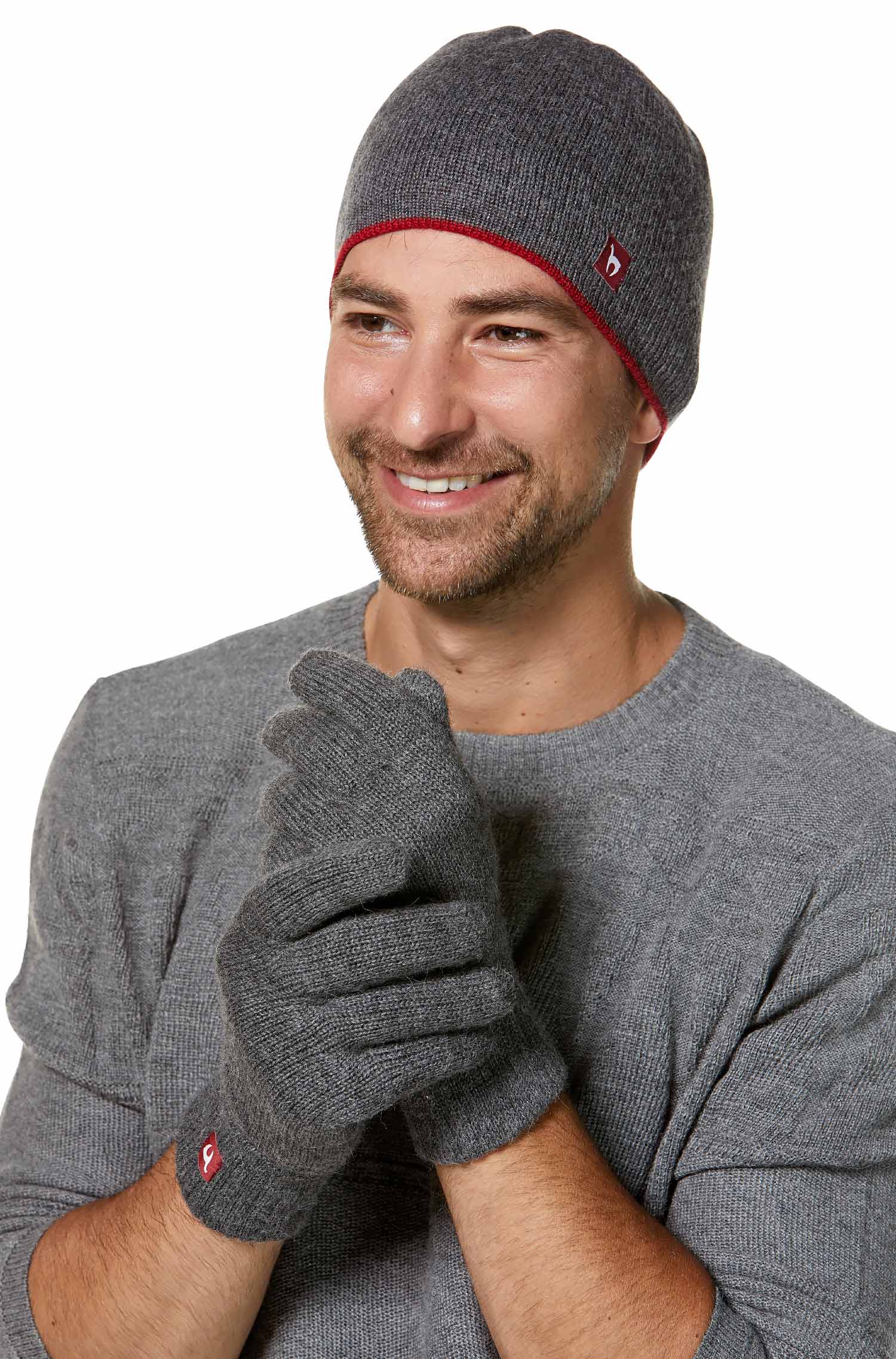 Alpaka WENDEMÜTZE aus 100% Baby Alpaka-rot/grau