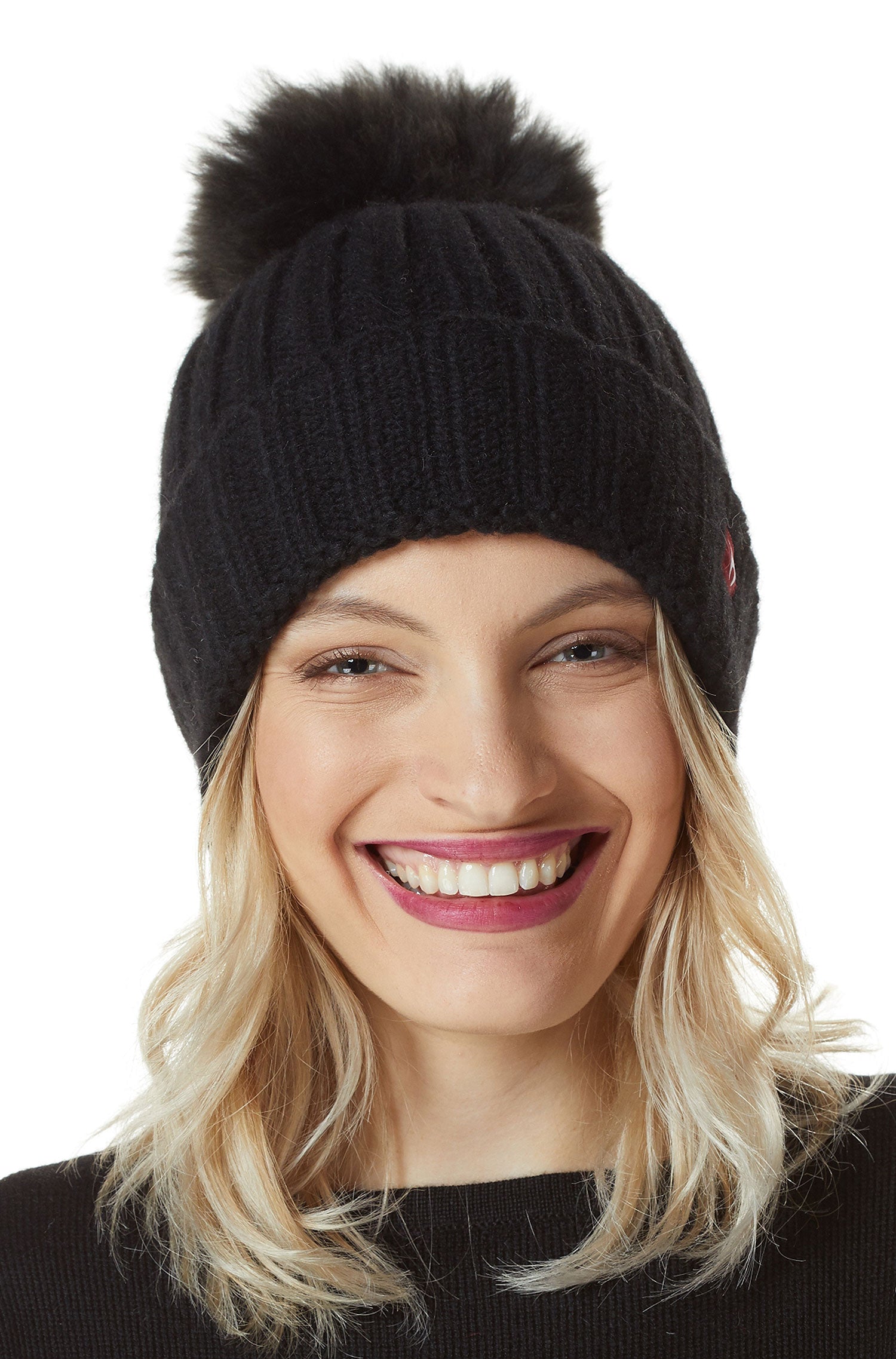 Alpaka Mütze BIANCA mit Bommel aus Baby Alpaka und Woll-Mix-schwarz